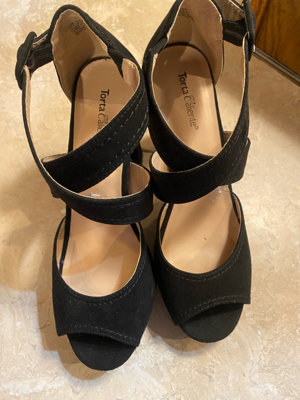 Torta Caliente Black Suede Ankle-Strap Heels